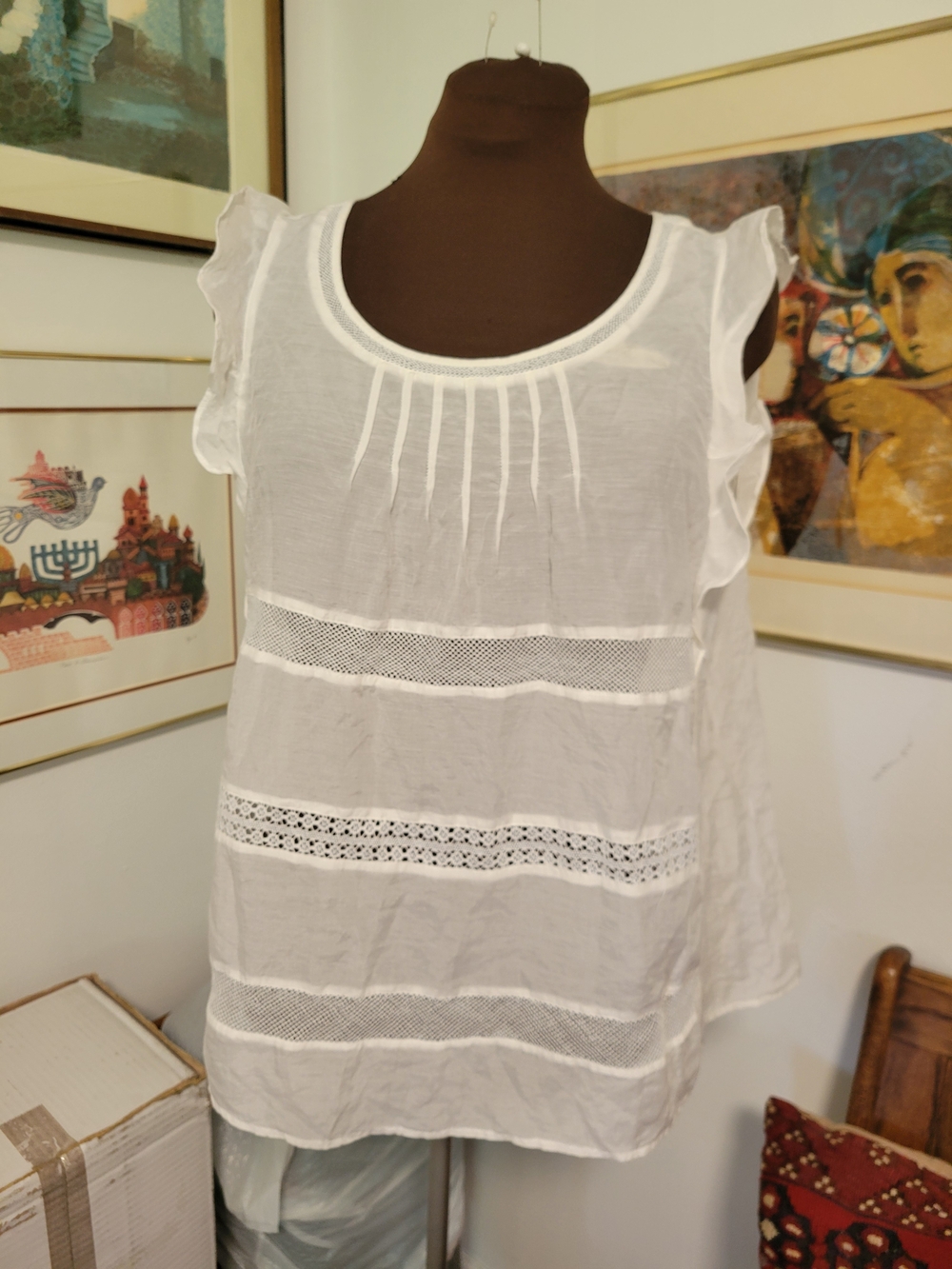 LOFT White Ruffle-Shoulder Lace Inset Top - Picture 3 of 4